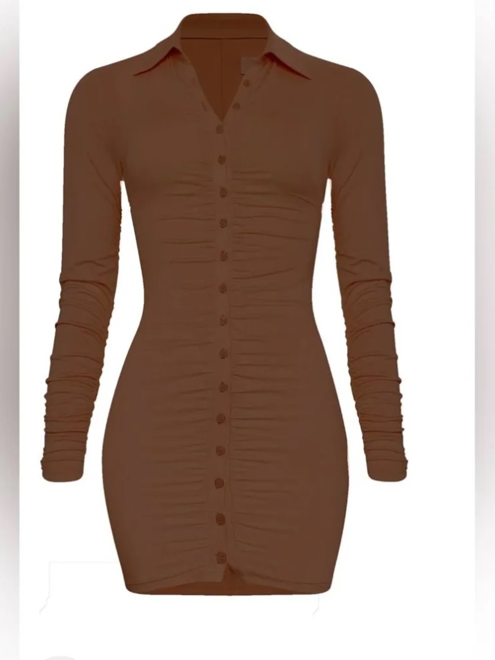 Leau Long Sleeve Ruched Button-Front Dark Tan Dress